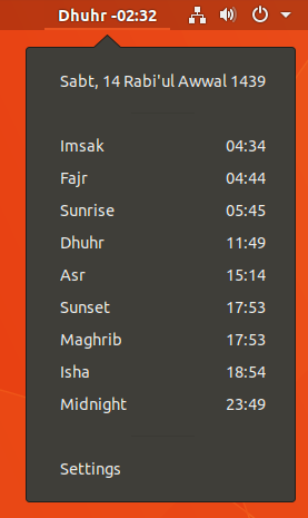 Azan Islamic Prayer Times Gnome Shell Extensions - 