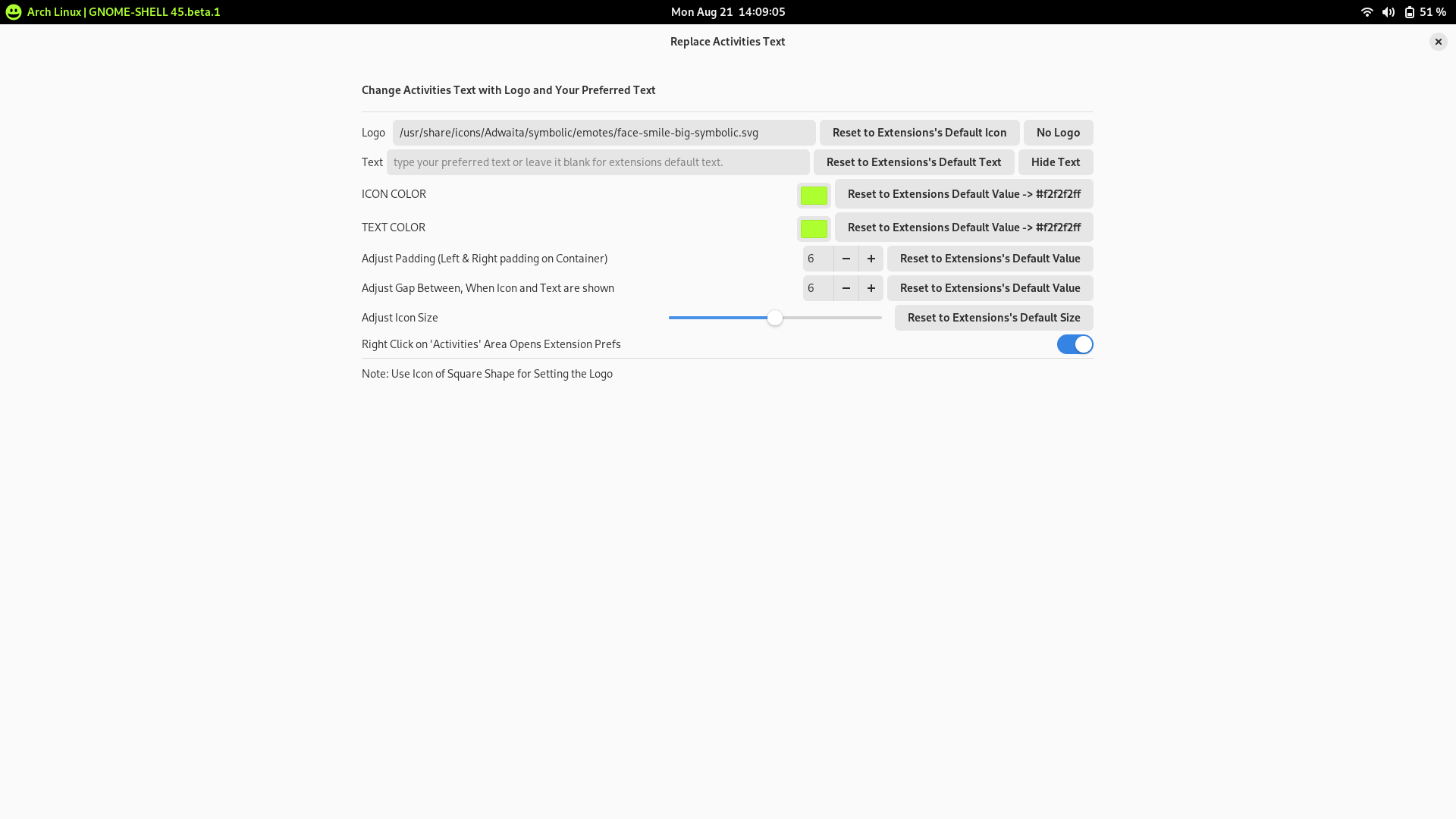 Review Replace Activities Text Version 14 GNOME Shell Extensions